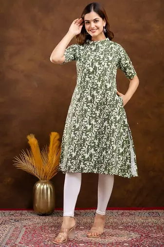  floral printed mandarin collar pure cotton a-line kurta