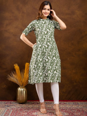  floral printed mandarin collar pure cotton a-line kurta 5