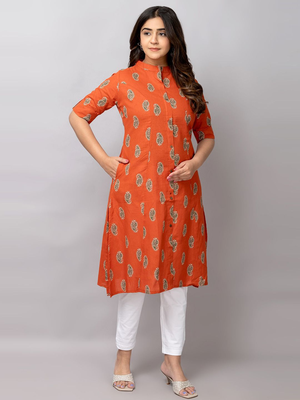  paisley printed mandarin collar pure cotton a-line kurta 1