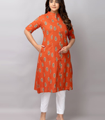 Fashion petals paisley printed mandarin collar pure cotton a-line kurta