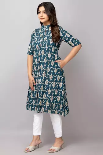  geometric printed high slit pure cotton a-line kurta