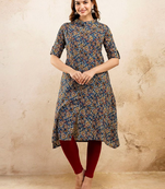 Fashion petals paisley kalamkari printed mandarin collar pure cotton a-line kurta