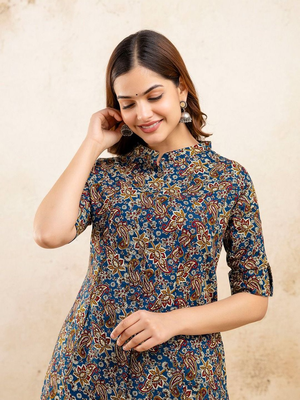  paisley kalamkari printed mandarin collar pure cotton a-line kurta 2