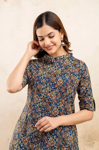 paisley kalamkari printed mandarin collar pure cotton a-line kurta