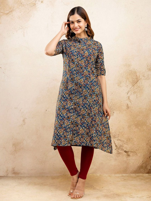  paisley kalamkari printed mandarin collar pure cotton a-line kurta 3