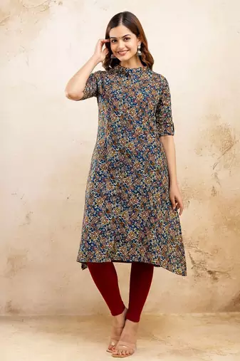  paisley kalamkari printed mandarin collar pure cotton a-line kurta