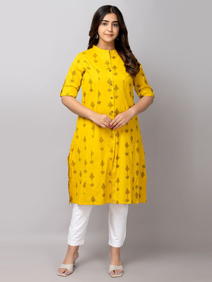  geometric ikat printed mandarin collar pure cotton a-line kurta 1