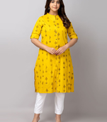 Fashion petals geometric ikat printed mandarin collar pure cotton a-line kurta
