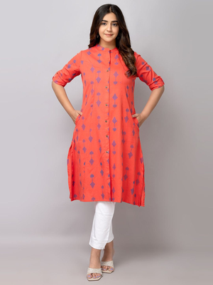  geometric ikat printed mandarin collar pure cotton a-line kurta 1
