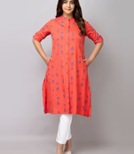 Fashion petals geometric ikat printed mandarin collar pure cotton a-line kurta