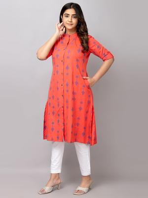  geometric ikat printed mandarin collar pure cotton a-line kurta 3