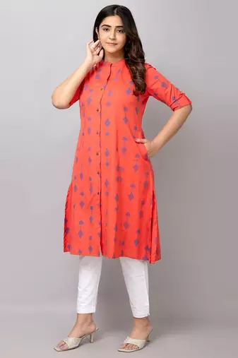  geometric ikat printed mandarin collar pure cotton a-line kurta