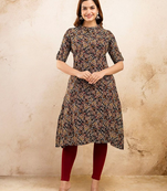 Fashion petals paisley printed pure cotton mandarin collar ethnic a-line kurta