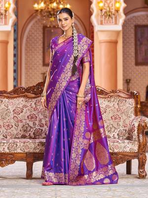 Purple Elegant Woven Silk Blend  Saree with Blouse For Women 1
