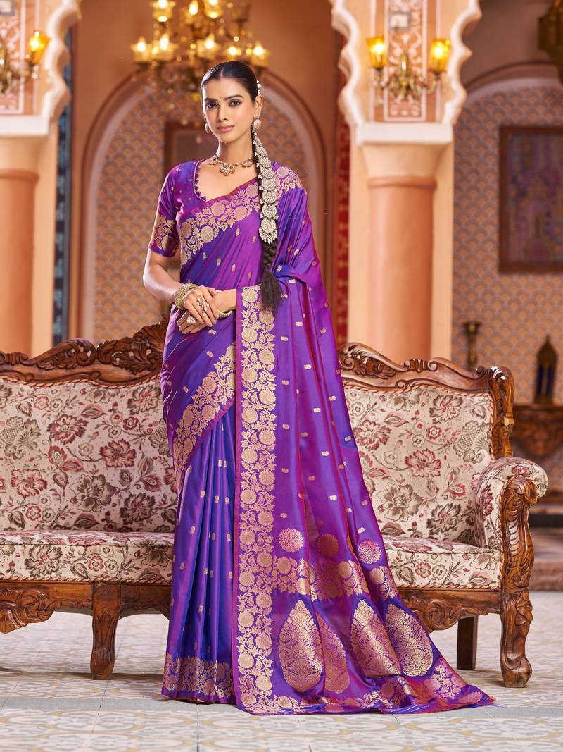 Purple Elegant Woven Silk Blend  Saree with Blouse For Women