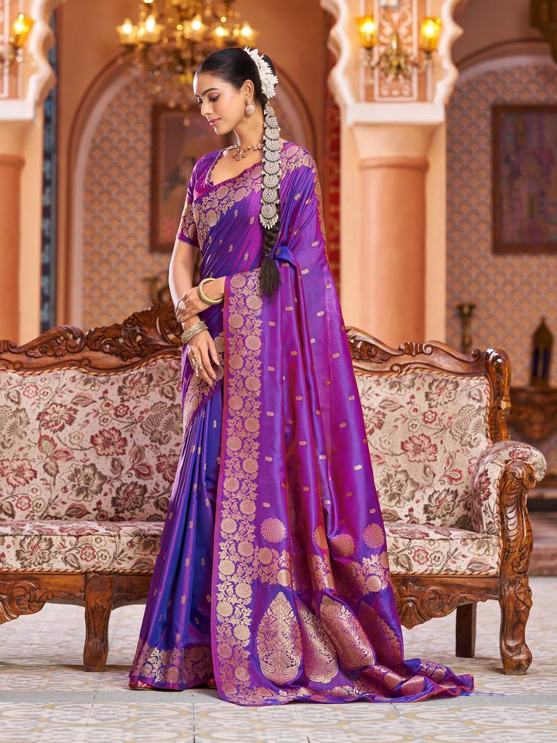 Purple Elegant Woven Silk Blend  Saree with Blouse For Women