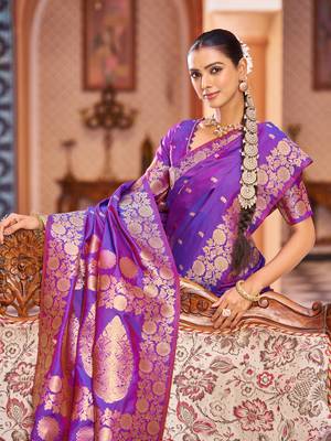 Purple Elegant Woven Silk Blend  Saree with Blouse For Women 4