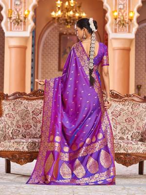 Purple Elegant Woven Silk Blend  Saree with Blouse For Women 5