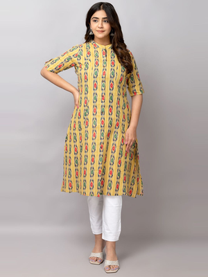  abstract ikat printed mandarin collar pure cotton a-line kurta 1