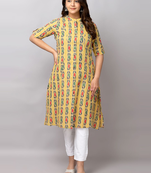 Fashion petals abstract ikat printed mandarin collar pure cotton a-line kurta