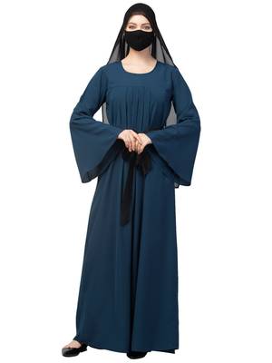 Teal designer abaya with pleats & belt 1