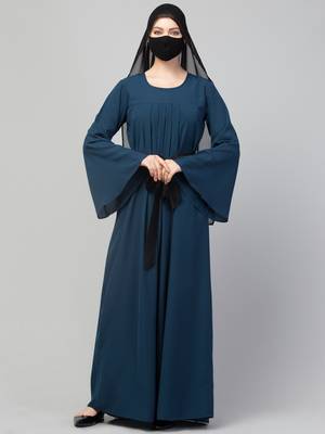 Teal designer abaya with pleats & belt 2