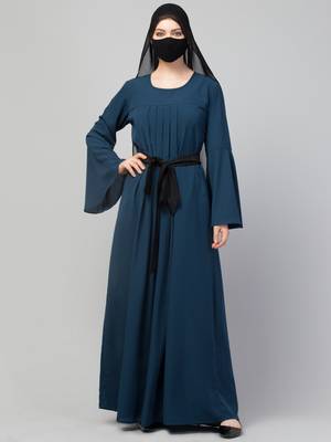 Teal designer abaya with pleats & belt 3
