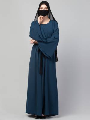 Teal designer abaya with pleats & belt 4