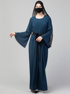 Teal designer abaya with pleats & belt 5