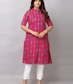 Fashion petals printed pure cotton mandarin collar ethnic a-line kurta