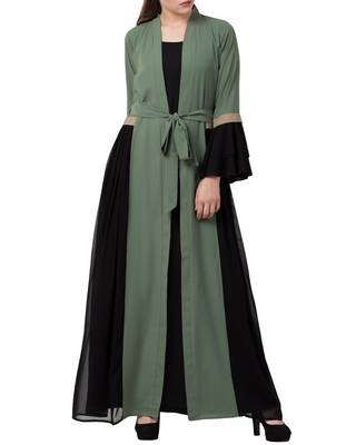 Green stylish dress with attached shrug and a belt in multi color 1