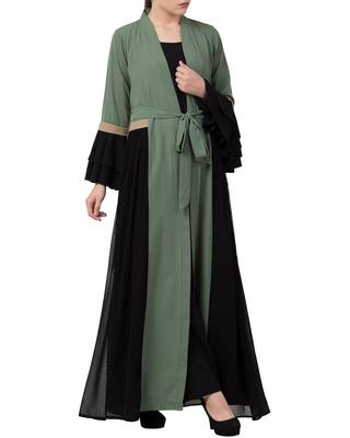Green stylish dress with attached shrug and a belt in multi color 2