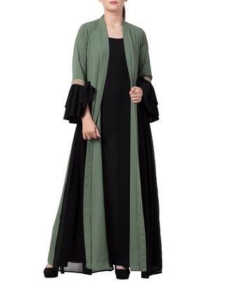 Green stylish dress with attached shrug and a belt in multi color 3