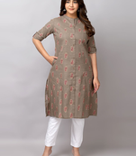 Fashion petals paisley printed mandarin collar pure cotton a-line kurta