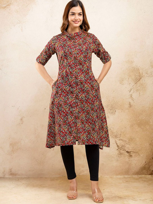  paisley kalamkari printed mandarin collar pure cotton a-line kurta 1