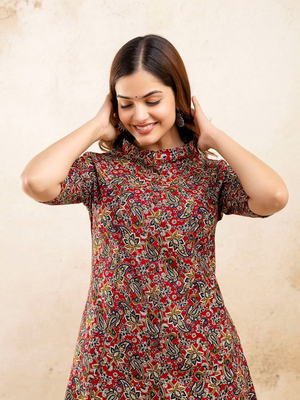  paisley kalamkari printed mandarin collar pure cotton a-line kurta 2