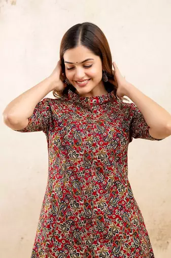  paisley kalamkari printed mandarin collar pure cotton a-line kurta