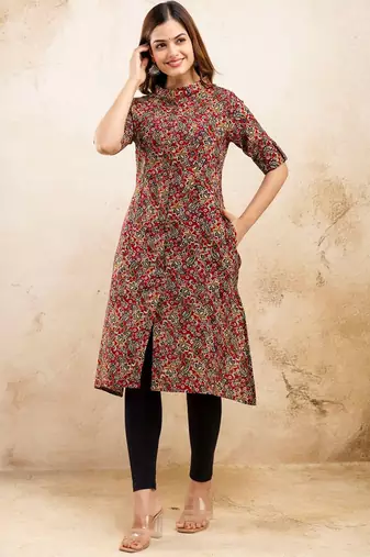  paisley kalamkari printed mandarin collar pure cotton a-line kurta
