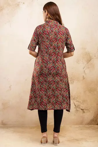  paisley kalamkari printed mandarin collar pure cotton a-line kurta