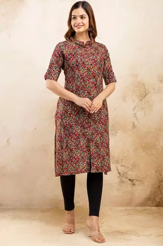  paisley kalamkari printed mandarin collar pure cotton a-line kurta