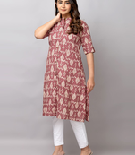 Fashion petals geometric printed mandarin collar pure cotton a-line kurta