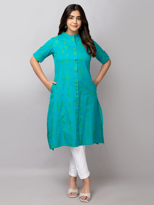  geometric ikat printed mandarin collar pure cotton a-line kurta 1