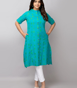 Fashion petals geometric ikat printed mandarin collar pure cotton a-line kurta