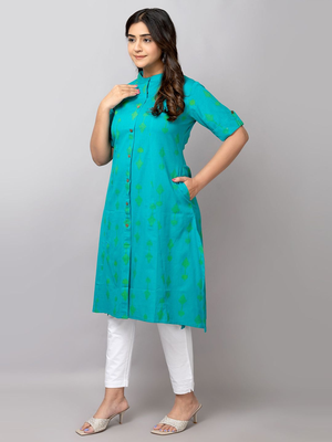  geometric ikat printed mandarin collar pure cotton a-line kurta 3