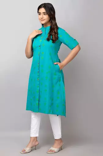  geometric ikat printed mandarin collar pure cotton a-line kurta