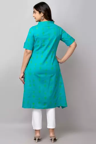  geometric ikat printed mandarin collar pure cotton a-line kurta