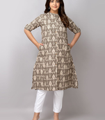 Fashion petals geometric printed mandarin collar pure cotton a-line kurta