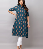 Fashion petals paisley printed pure cotton mandarin collar ethnic a-line kurta