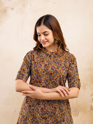  paisley kalamkari printed mandarin collar pure cotton a-line kurta 2