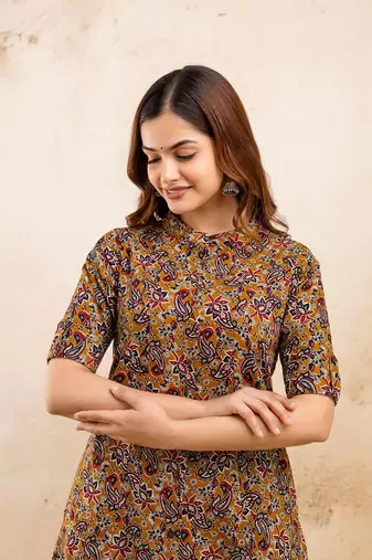  paisley kalamkari printed mandarin collar pure cotton a-line kurta